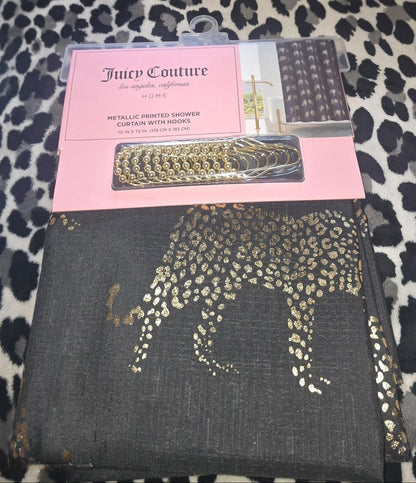 Juicy Couture Black Leopard Fabric Shower Curtain With Hooks & PEVA Liner
