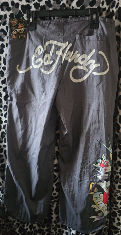 Ed Hardy Silver Cargo Pants With Pockets Sparrow Heart Love Kills Slowly NWT