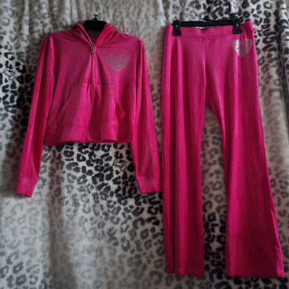 Juicy Couture OG Bling Heart Velour Tracksuit Set In Vixen Pink Size Large NWT