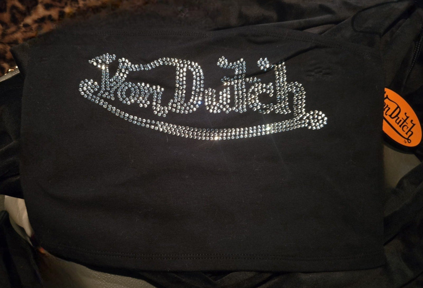 Von Dutch Velour Black Tracksuit Set – Blue Stone Logo (Large) + XL Rhinestone Tube Top