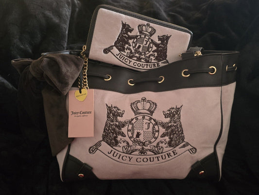 Juicy Couture Classic Scottie Dogs Daydreamer Tote & Wallet Set Pink Chiffon Large Velour Y2K Shoulder Bag NWT
