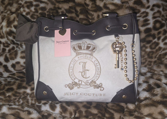 Juicy Couture Juicy Lover Daydreamer Tote Crystal White & Chocolate Brown Large Faux Leather Y2K Shoulder Bag NWT