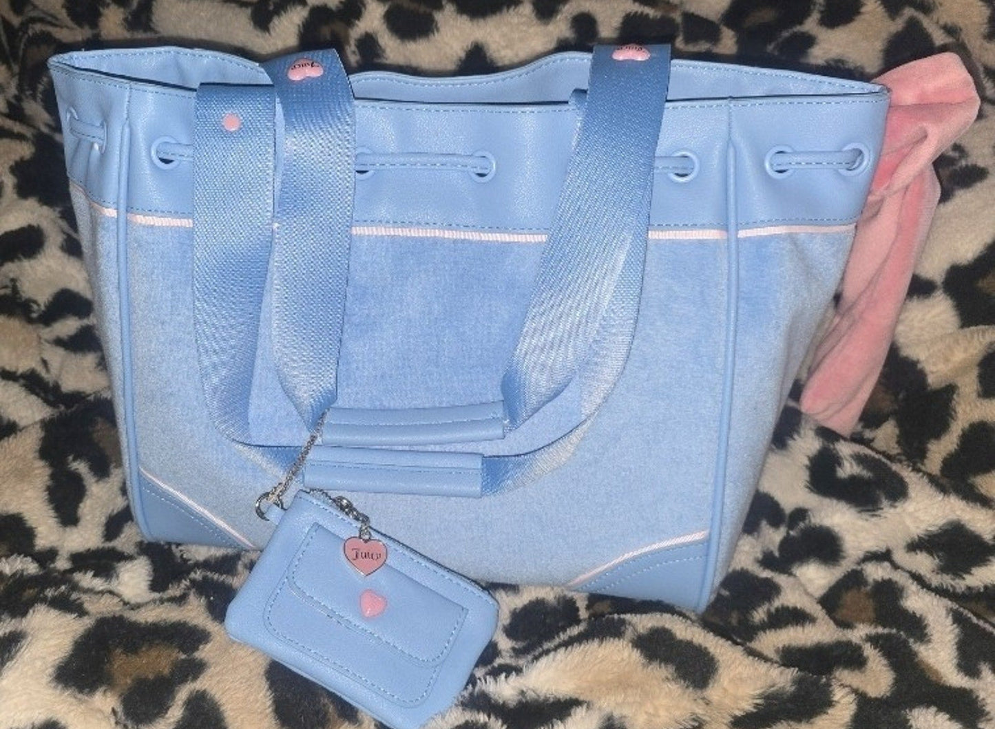 Juicy Couture Retro Strawberry Daydreamer Tote Blue Gleam Set Velour Y2K Bag with Micro Bag & Coin Purse NWT