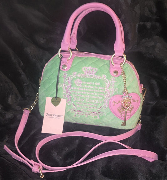 Juicy Couture Juicy Tale Crossbody Bag Retro Green Medium Velour Y2K Pink Handles Shoulder Bag NWT