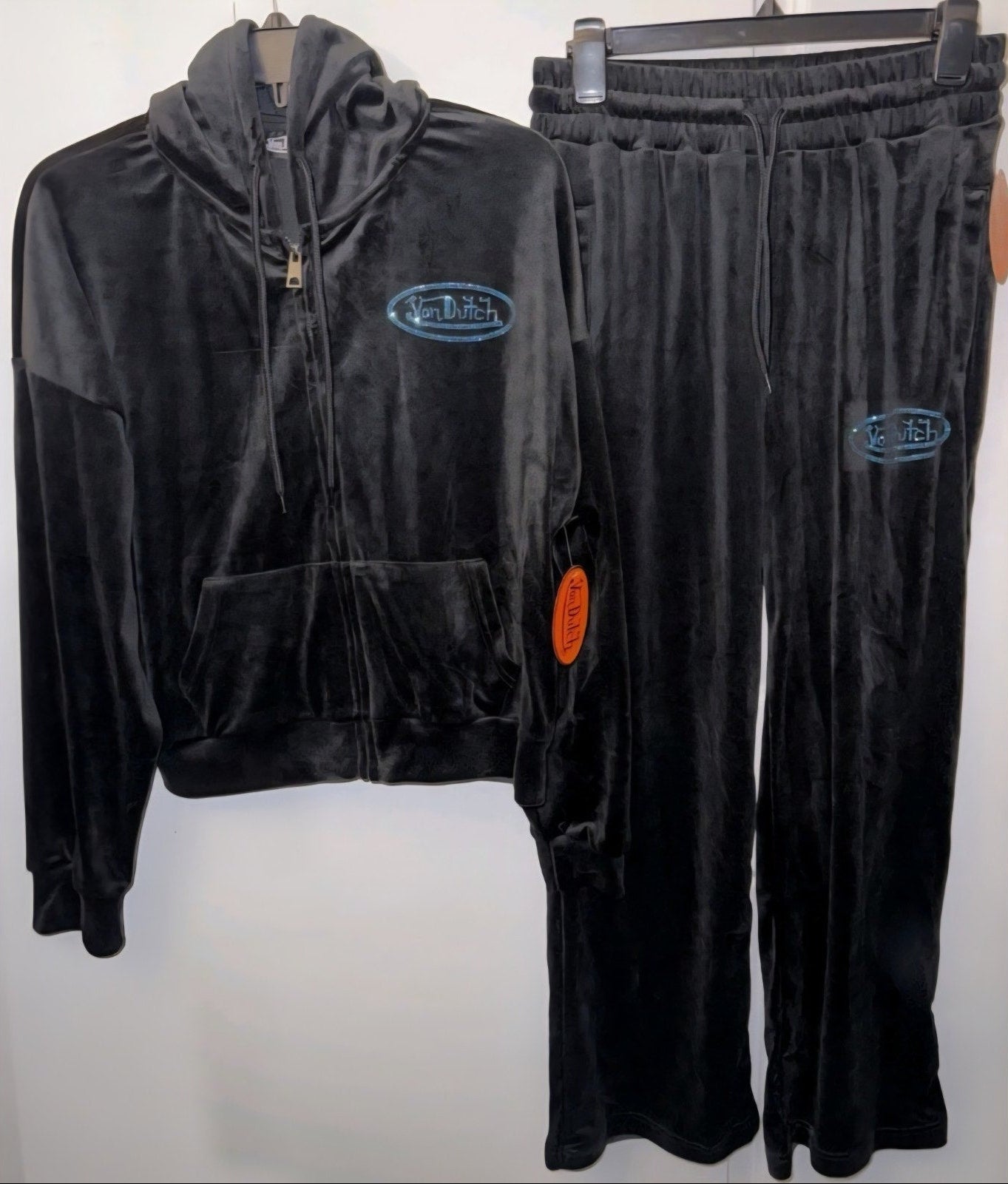Von Dutch Velour Black Tracksuit Set – Blue Stone Logo (Large) + XL Rhinestone Tube Top