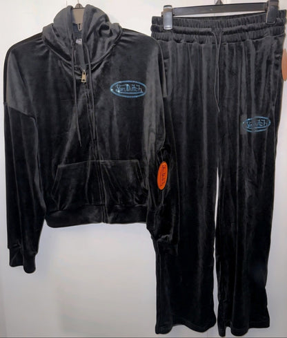 Von Dutch Velour Black Tracksuit Set – Blue Stone Logo (Large) + XL Rhinestone Tube Top