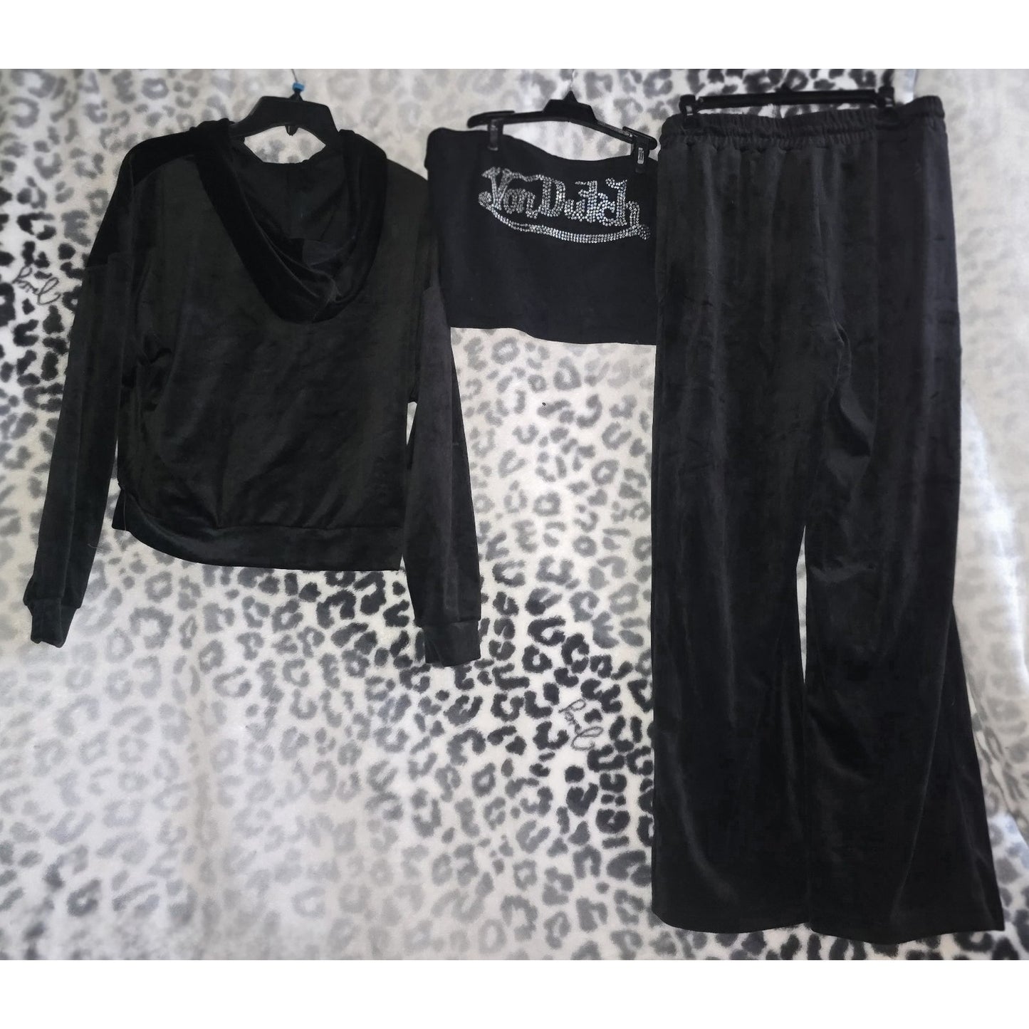 NWT Von Dutch Velour Black Tracksuit Set Blue Stone Logo Large + Bling Tube Top
