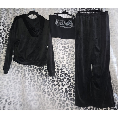 NWT Von Dutch Velour Black Tracksuit Set Blue Stone Logo Large + Bling Tube Top