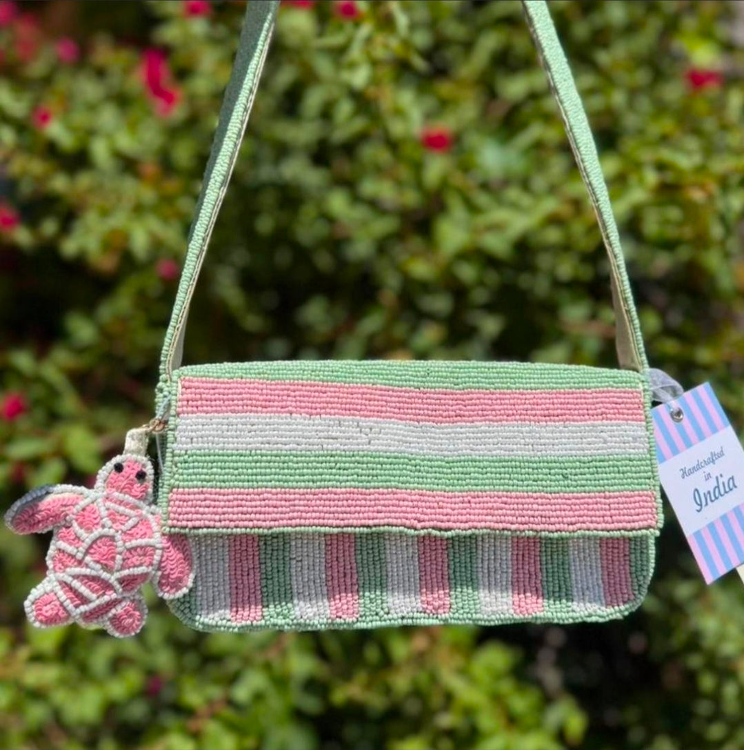 Pink & Green Turtle Charm Beaded Bag